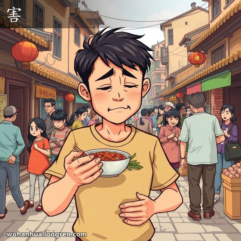 一位武汉市民手持辛辣食物，表情不适，捂着肚子，背景是武汉传统街道