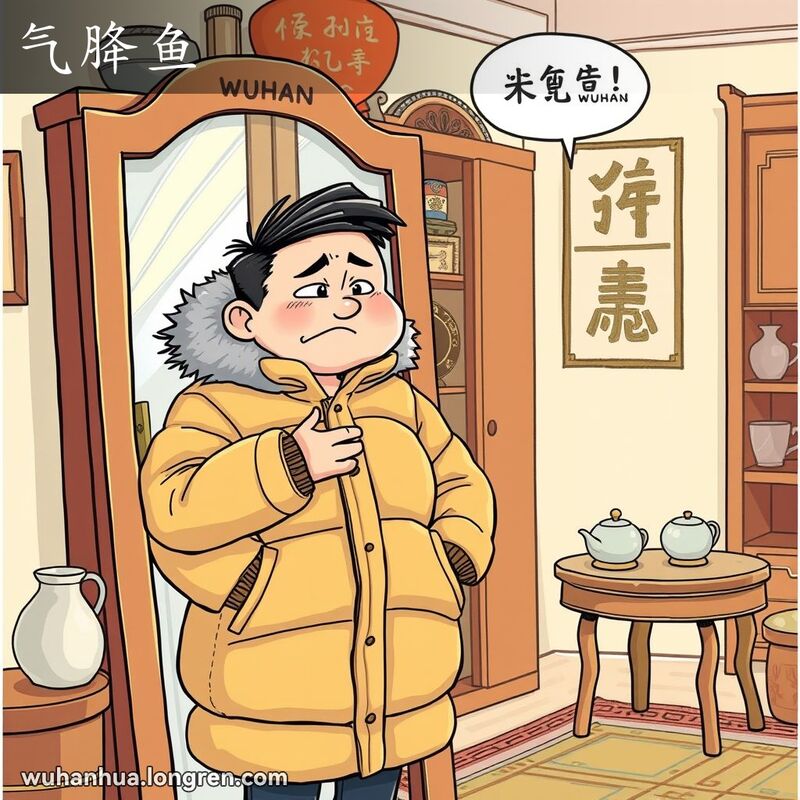 一位武汉市民站在镜子前，试穿厚重外套，显得臃肿不适，背景是温馨的家庭环境
