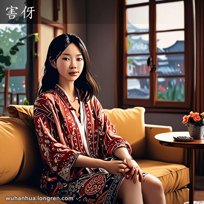 一位年轻的武汉女子坐在沙发上，轻轻捂着肚子，脸上带着些许皱眉和孕吐的不适，背景是温馨的家庭环境和繁忙的武汉街景