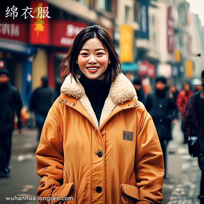冬日武汉街头，一位年轻女子穿着传统棉袄，背景有红砖墙和小摊贩。