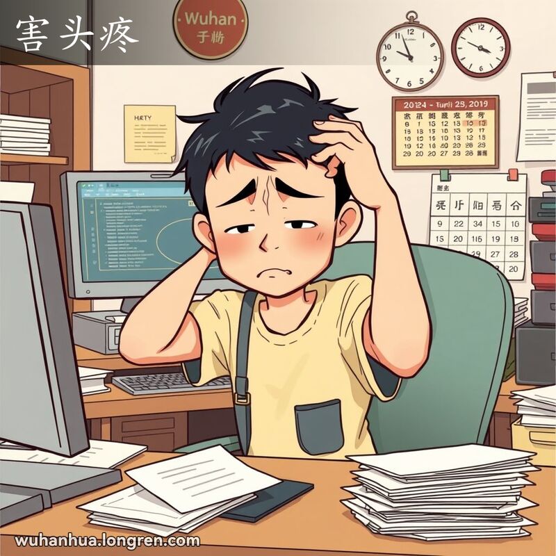 一位武汉市民坐在凌乱的办公桌前，手扶着头，露出“害头疼”的表情，背景是武汉办公室场景