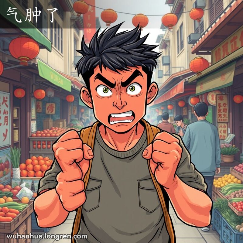 一位年轻的武汉市民在市场中，面色涨红，表情愤怒，身体紧张，背景是热闹的市场和传统建筑。