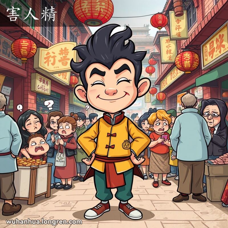 一个狡猾的角色在武汉市场中制造混乱，背景是热闹的市场场景