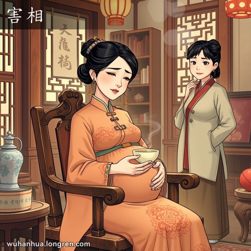 一位孕妇坐在武汉老房子的木椅上，手端姜茶，脸色苍白，背后有关心她的家人，房间内布置着传统中式家具和装饰