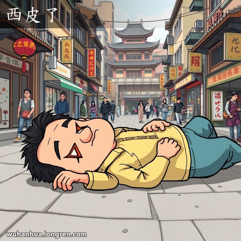 一个人躺在地上，眼睛画成夸张的X形，舌头伸出，背景是繁忙的武汉街道