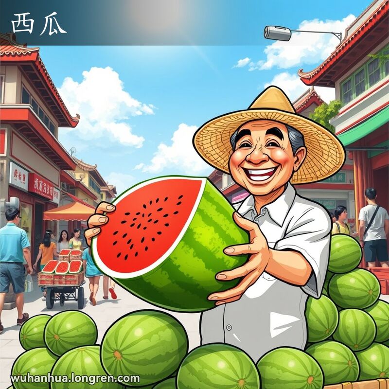 武汉夏日市场，小贩手捧大西瓜，露出开心的笑容，背景是繁忙的街道和传统建筑