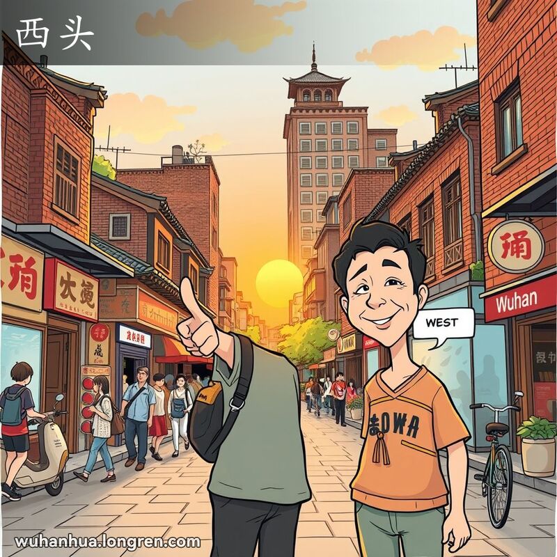 武汉街道上，一位居民指向西端，夕阳西下，背景是老砖房和小店铺。