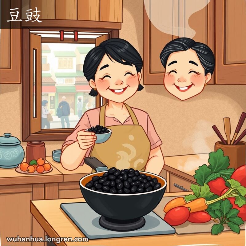 一位中年妇女在厨房中手持一碗发酵的黑豆（豆豉），准备加入锅中调味，背景是武汉街景