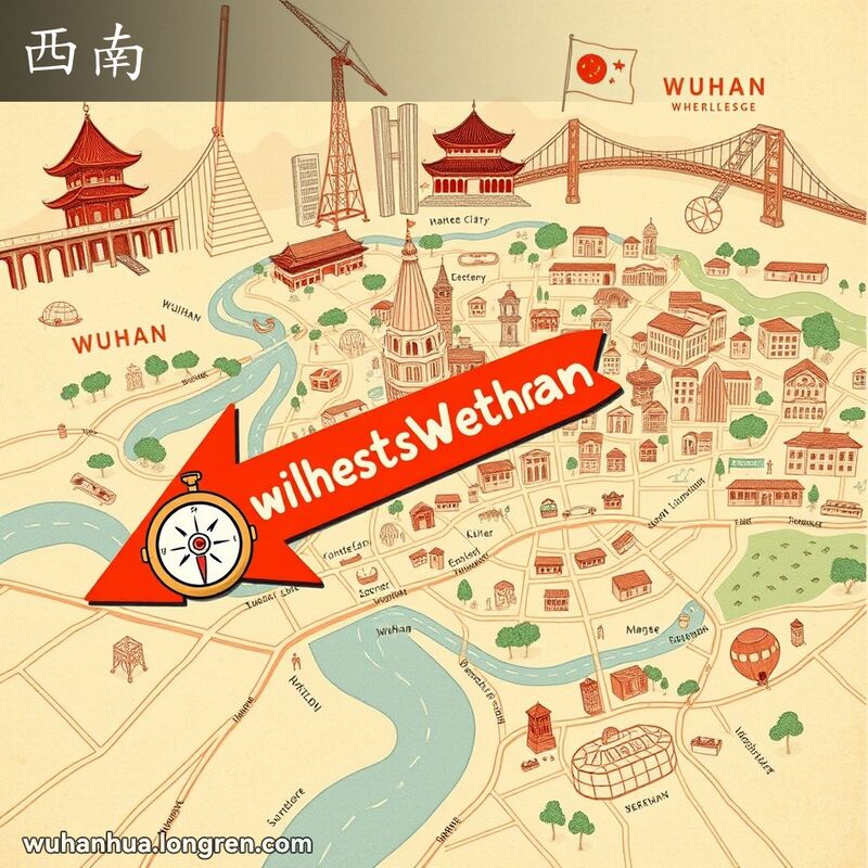 武汉市地图，西南部分用红色箭头标注，旁边有卡通指南针，背景有黄鹤楼和长江大桥