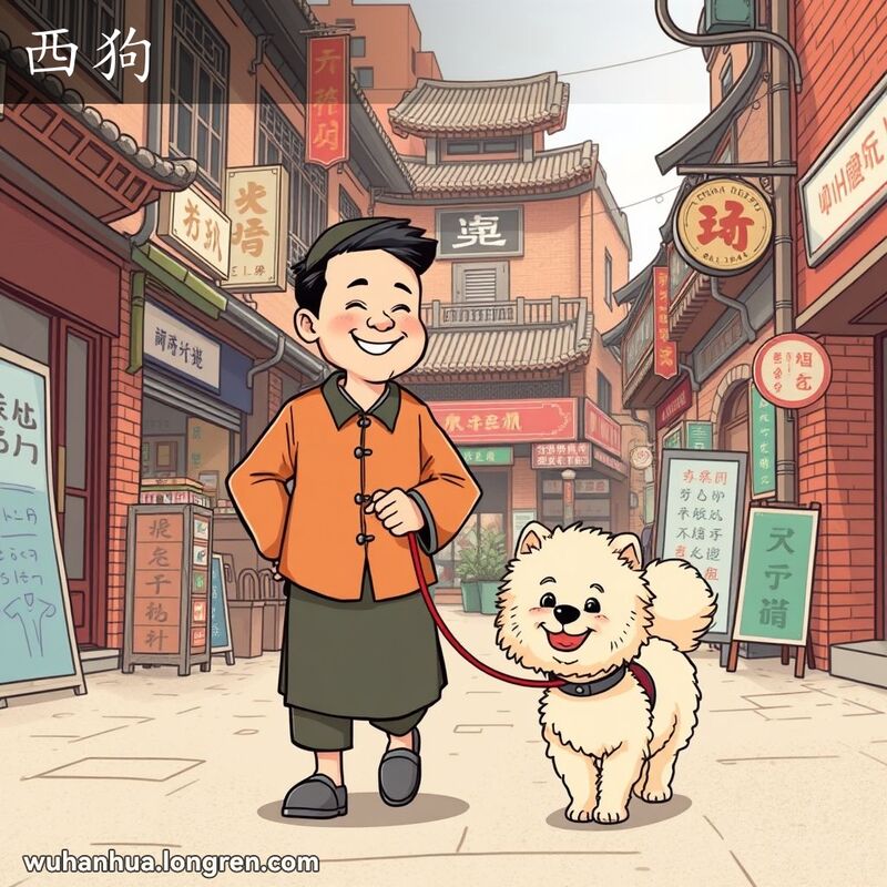 一位穿着传统中式服装的武汉市民在老街上遛西洋品种的小狗，背景是武汉老街景