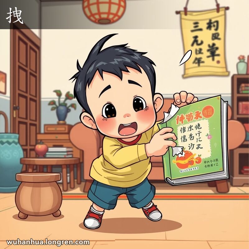 一个孩子在拉扯书时不小心撕坏了封面，背景是温馨的中国客厅