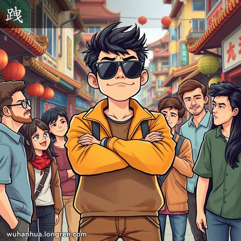 一位年轻的武汉男子穿着华丽的衣服和墨镜，双臂交叉，目光傲慢地俯视他人，周围是一群对他既羡慕又崇拜的朋友，背景是武汉繁忙的街道