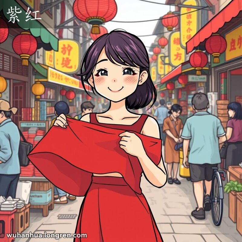 一位武汉女子在市场中手持一条紫红色的裙子，背景是武汉街边摊贩和市场摊位