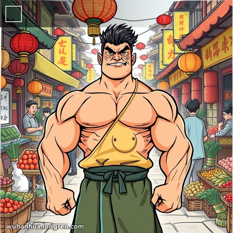 一位身穿传统中国服装的武汉壮汉站在繁忙的街头市场中，表情严肃坚定，体现健壮和倔强的性格
