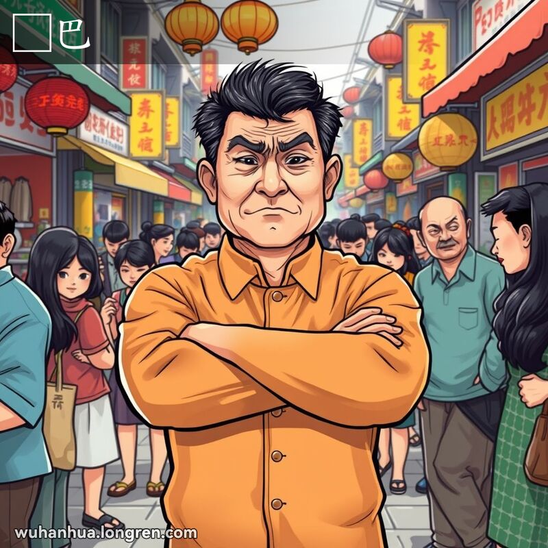 一位中年武汉男子双臂交叉，面露坚定表情，周围人试图劝说他，背景是热闹的武汉街头市场