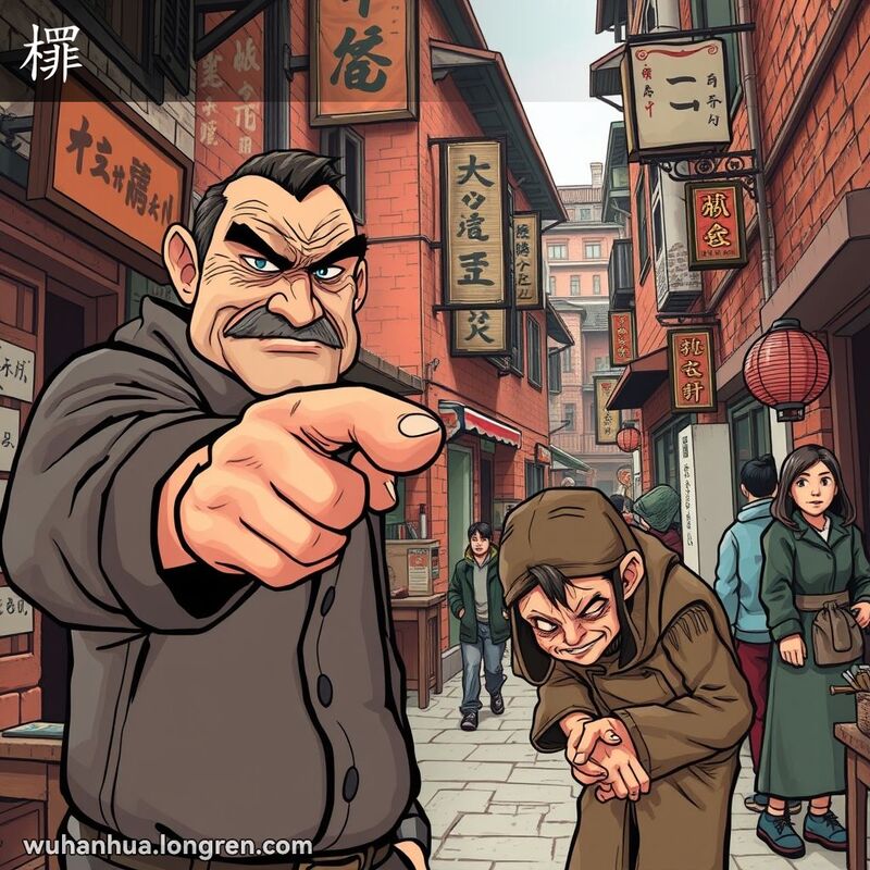 一位严厉的老板在武汉老街上训斥疲惫的徒弟，背景有红砖墙和传统招牌。