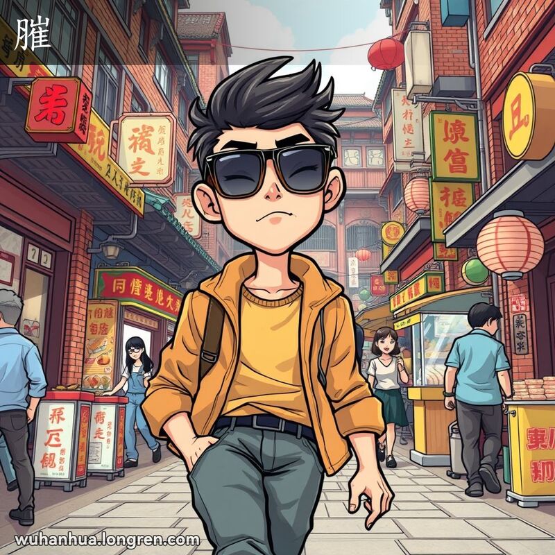一位年轻男子在武汉街头自信行走，穿着时尚，脸上带着自大和轻视他人的表情，背景是武汉老街景