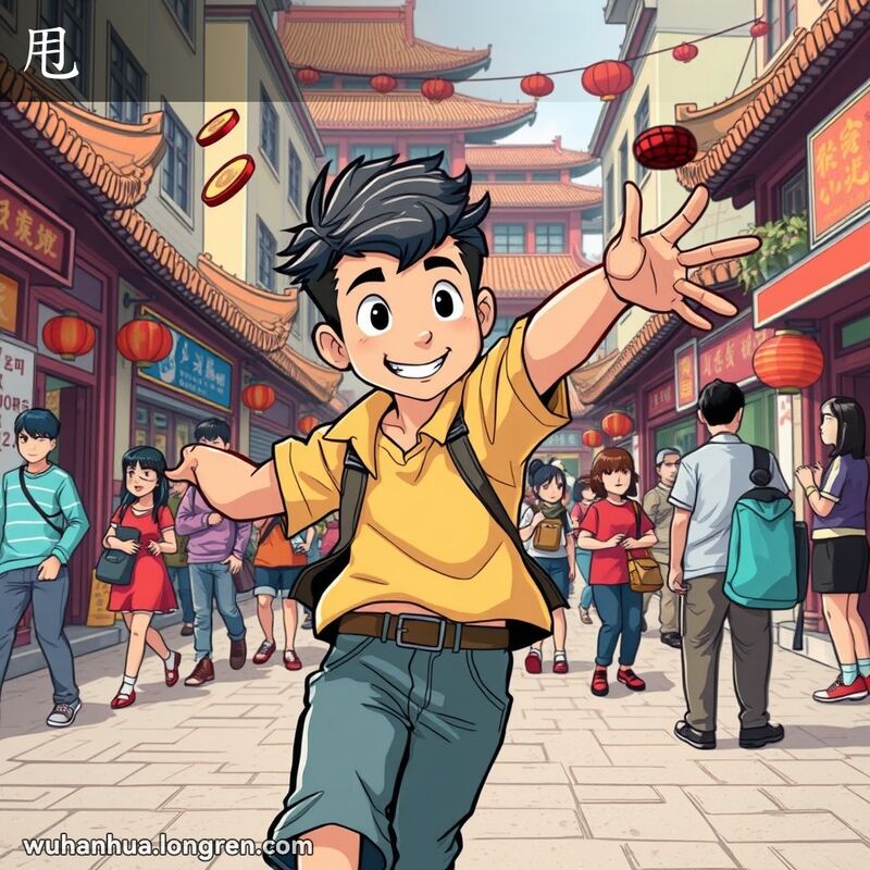 一位年轻的武汉市民在街头用力挥动手臂，将一个小物件抛出，背景是热闹的武汉街景