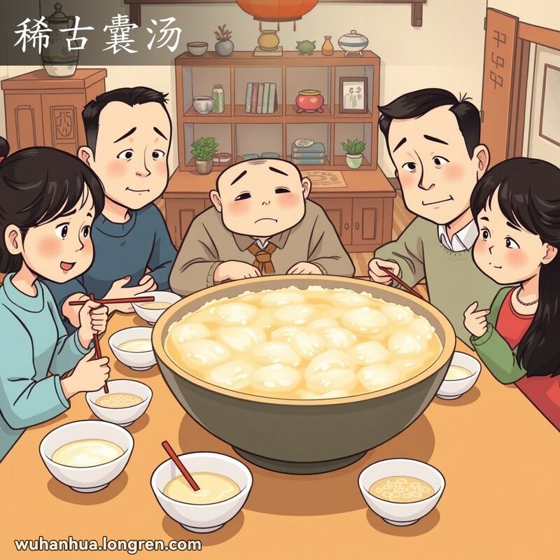 一家人围坐在餐桌旁，看着稀古囊汤的米粥露出失望的表情，背景是传统的武汉家庭环境