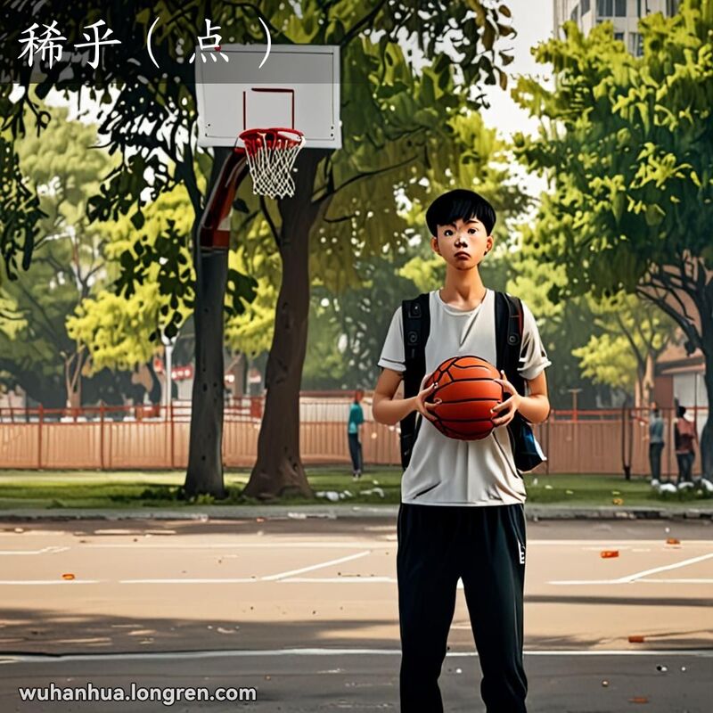 一位年轻的武汉市民在篮球场上投篮未中，露出“稀乎（点）”的表情，背景是城市公园。