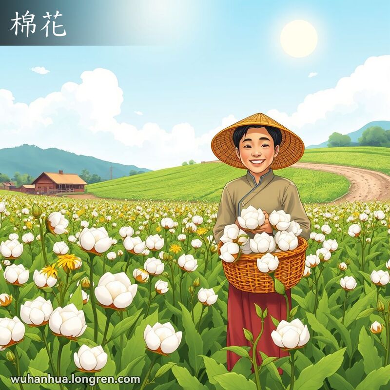 一位武汉农民在棉花田中采摘棉花，背景是乡村景色，画面风格融合漫画和传统中国艺术
