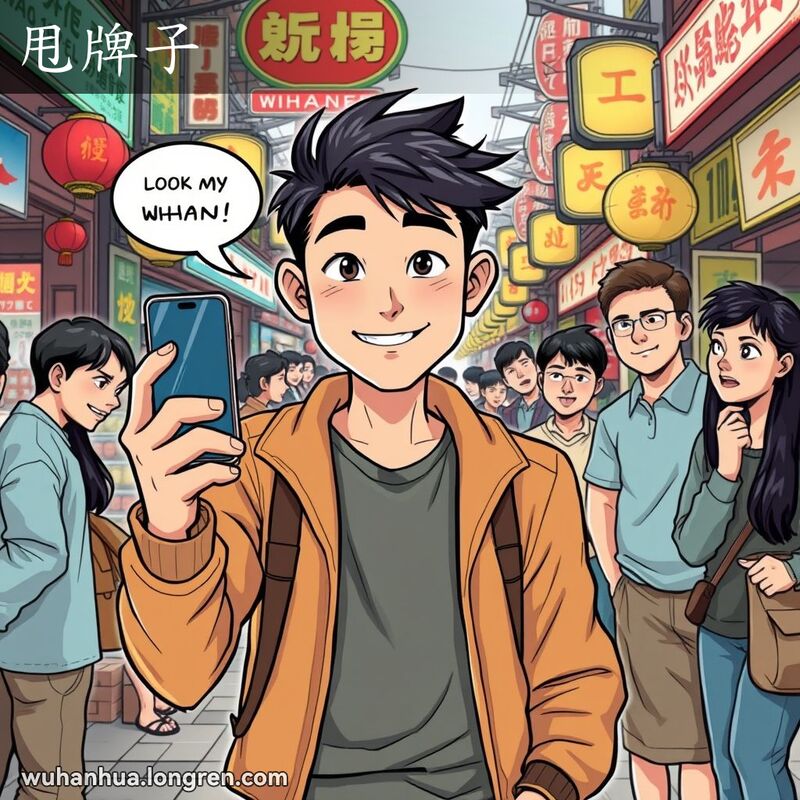 一位年轻人在武汉街头市场中炫耀新手机，朋友们表情复杂，背景是繁忙的街头摊贩和色彩斑斓的招牌