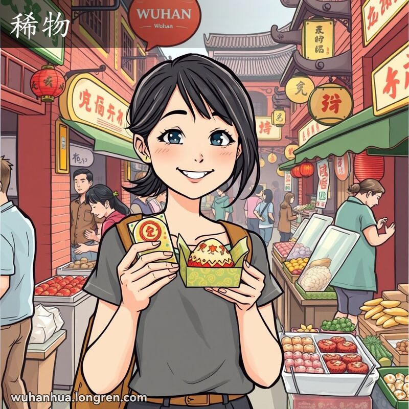 一位女性在武汉市场手持精致小吃盒子，背景是热闹的市场和各种摊贩