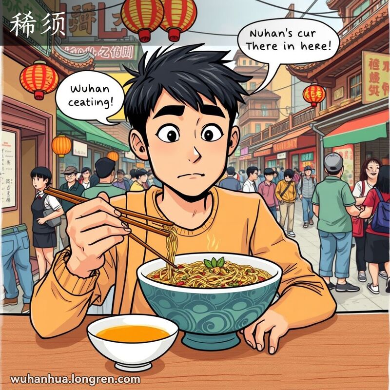 一位武汉年轻人坐在餐馆桌前，看着顶料稀少的面条露出失望表情，背景是繁忙的武汉街景