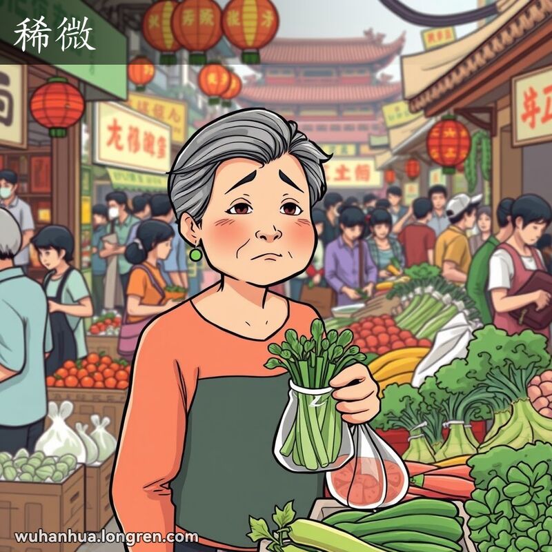一位中年妇女在武汉市场的蔬菜摊前，手拿一小袋蔬菜，露出‘稀微’的表情，背景是忙碌的市场和传统建筑