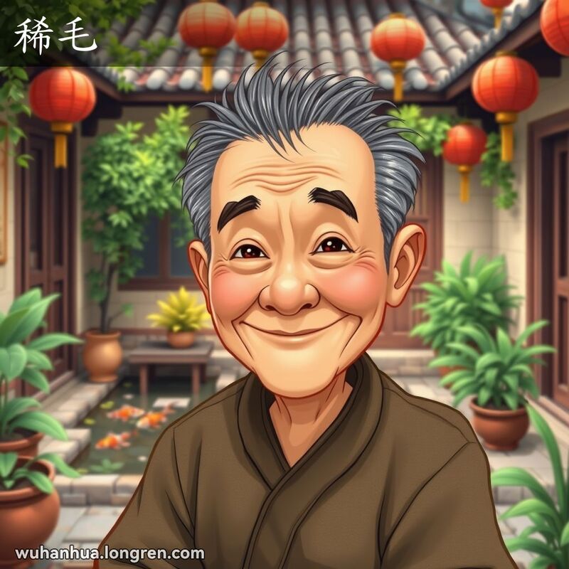 一位武汉老人坐在小院里，头上只有几根稀疏的头发，背景有绿植和红灯笼