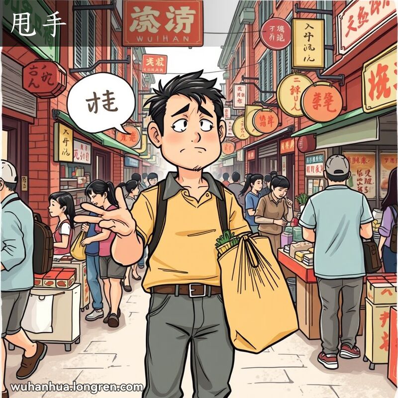 一位男子在武汉街头市场中，手持杂货，露出沮丧表情，做出放弃手势，背景是热闹的武汉老街景