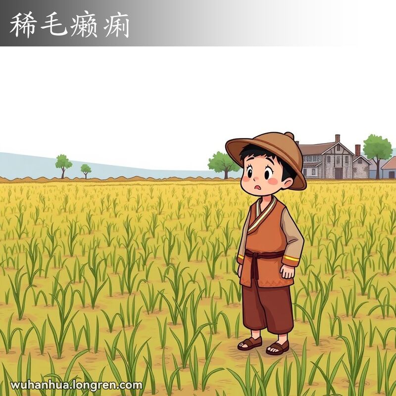 一位农民站在田间，望着稀疏的庄稼，背景是农村景象