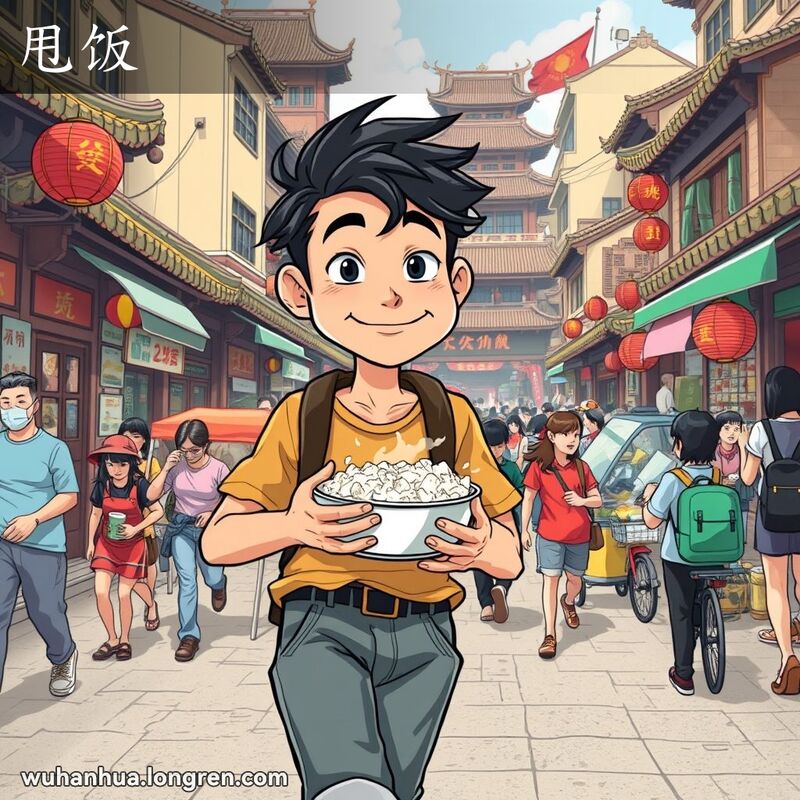 一位年轻人在武汉街头匆匆走过，手里端着一碗米饭，脸上带着轻松的笑容，背景是武汉的传统街景