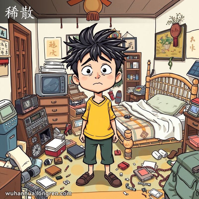 一个杂乱的房间，地上散落着收音机零件和凌乱的竹床床单，一个头发蓬乱的人站在中央，显得沮丧。