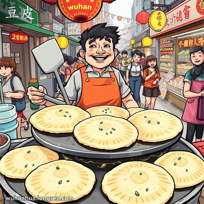 武汉街头小贩在煎豆皮，背景是热闹的街头小吃摊和行人
