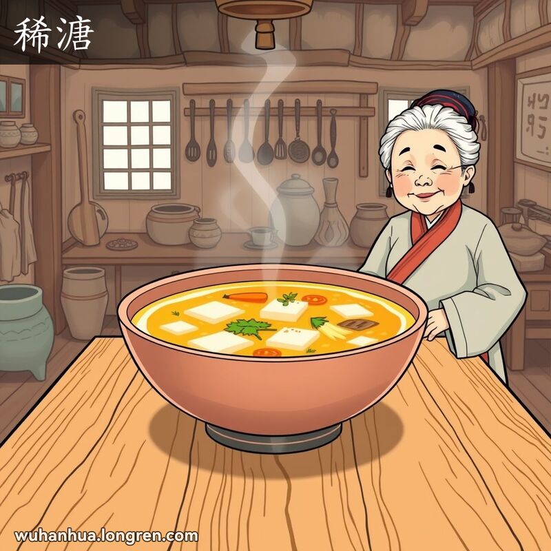一位奶奶在传统武汉厨房里，微笑着看着一碗清澈见底的汤。