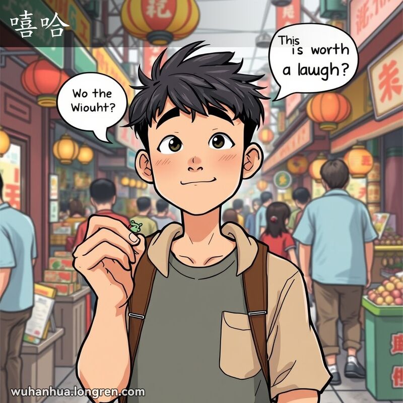 一位年轻的武汉市民在市场中手持小物品，脸上带着轻蔑的笑意，背景是热闹的街头市场
