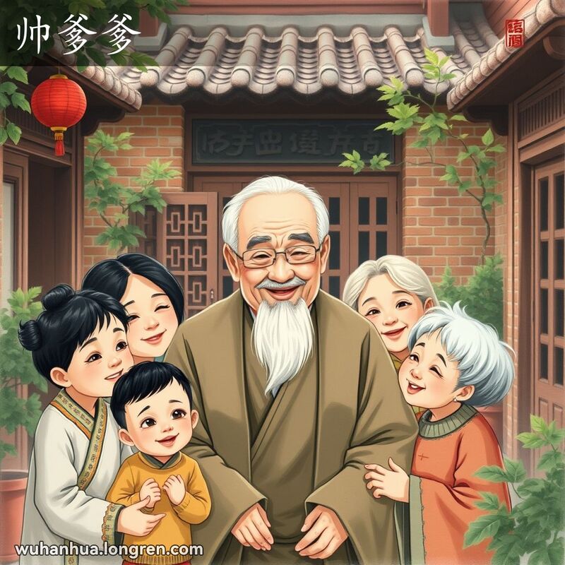 一位德高望重的老人在武汉老宅院中，周围是他的家人，背景是传统的武汉建筑