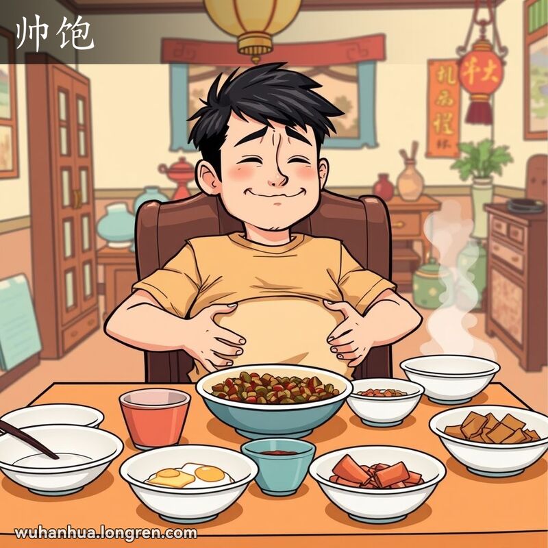 一位年轻的武汉男子坐在餐桌前，捂着肚子，露出“帅饱”的表情，背景是温馨的家庭环境