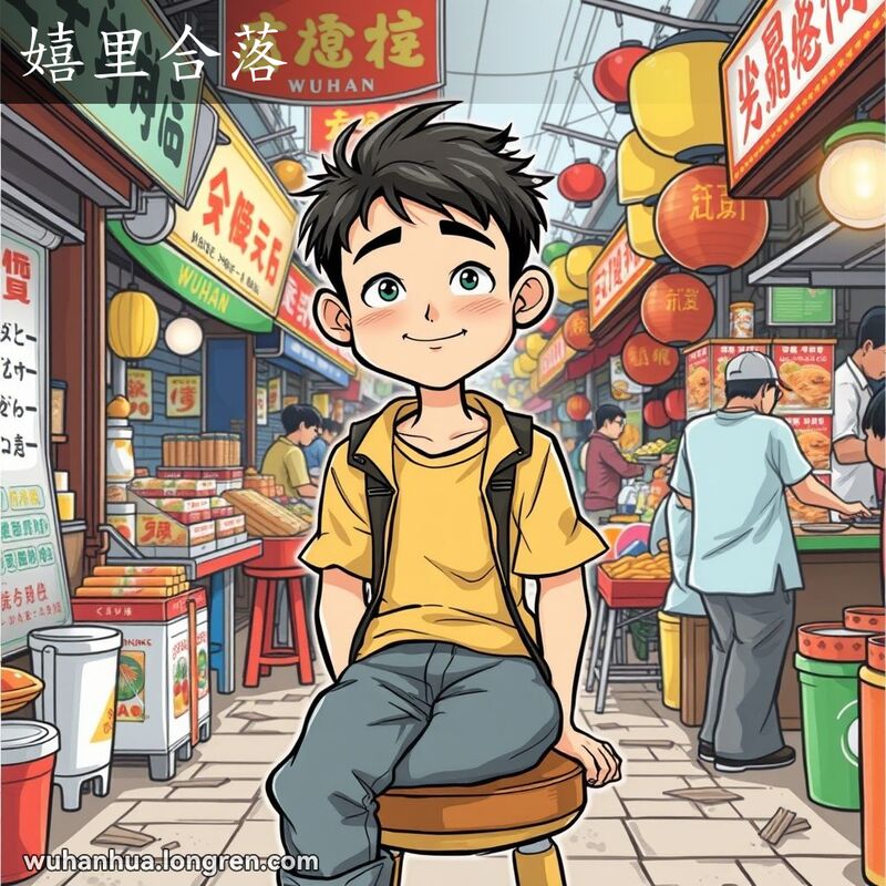 一位年轻男子坐在武汉街头市场摊位前，脸上带着无忧无虑的表情，背景是繁忙的市场景象