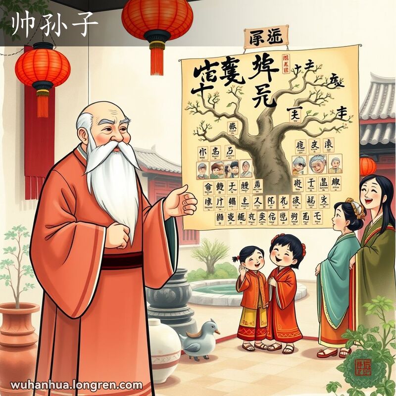 一位老人在家庭聚会上指着家谱中的玄孙，背景是中国传统庭院