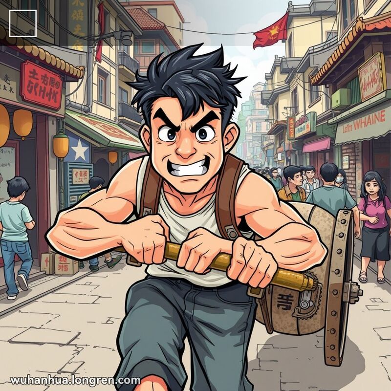 一位年轻的武汉男子全力拉动沉重物体，背景是繁忙的武汉街道