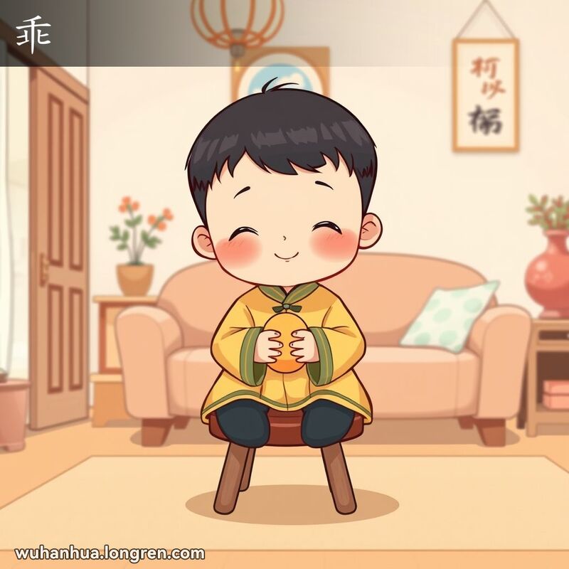 一位穿着传统中式服装的武汉小孩安静地坐在小板凳上，手里拿着一个小玩具，露出甜美的笑容，显得乖巧听话，背景是一个温馨的客厅