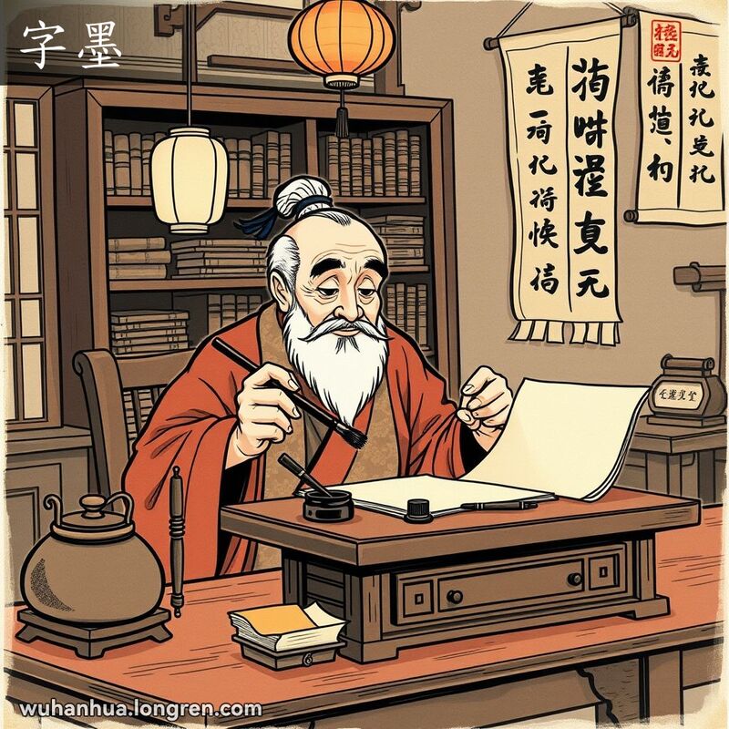 一位年长的学者在书房中手持毛笔准备书写，背景是传统书法工具和古书