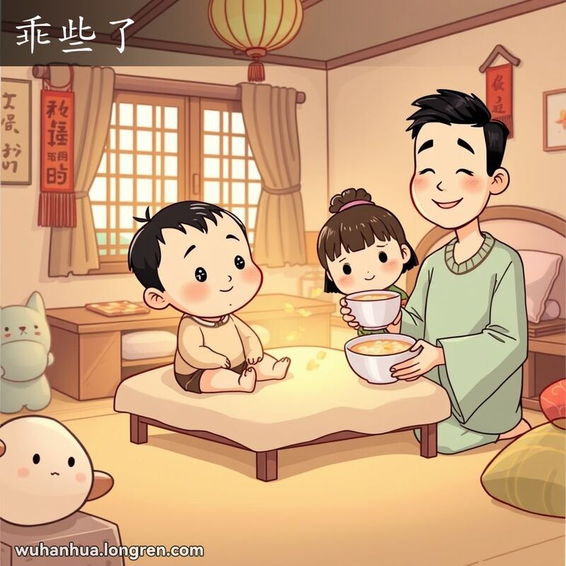 一个小孩坐在床上，神情平静、顺从，家长在旁边露出欣慰的笑容，手中端着一碗粥，背景是温馨的中式卧室