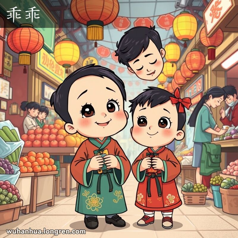 一位武汉小孩乖巧地站在父母身旁，手拿玩具，背景是热闹的本地市场