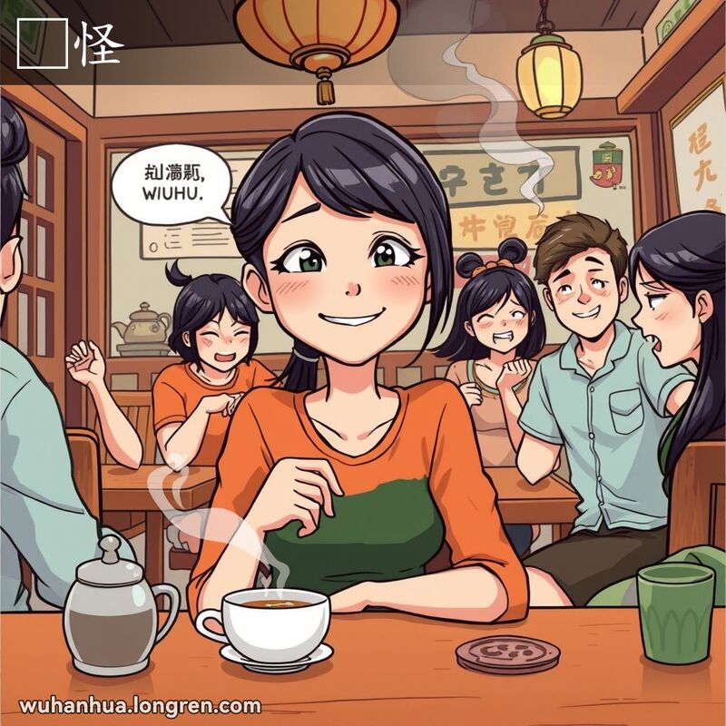一群朋友在武汉茶馆里，主角女子笑看朋友修补撕破的衣服，背景是传统中国风茶馆