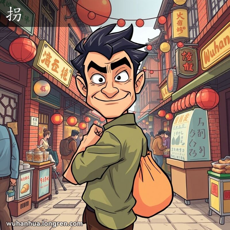 一位表情狡猾的男子站在武汉街头市场，背后藏着一袋偷来的物品，四处张望，神情可疑，背景是武汉老街景。