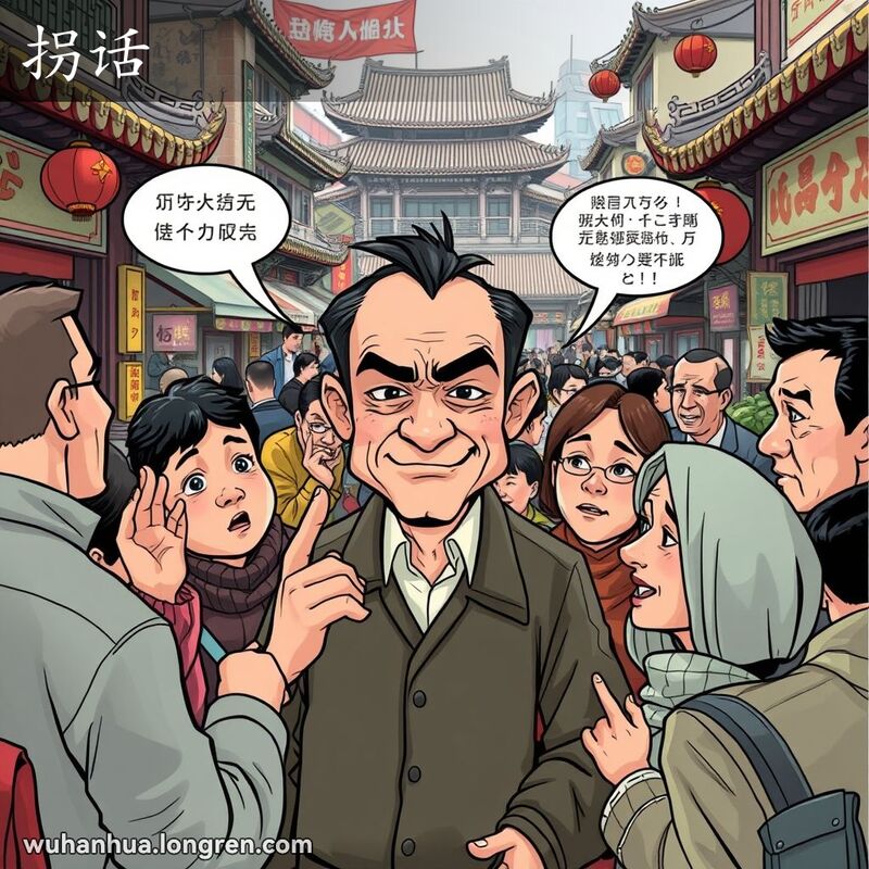 一个男子在武汉市场上与人闲聊，传播负面言论，周围的人们表情各异，背景是传统街景