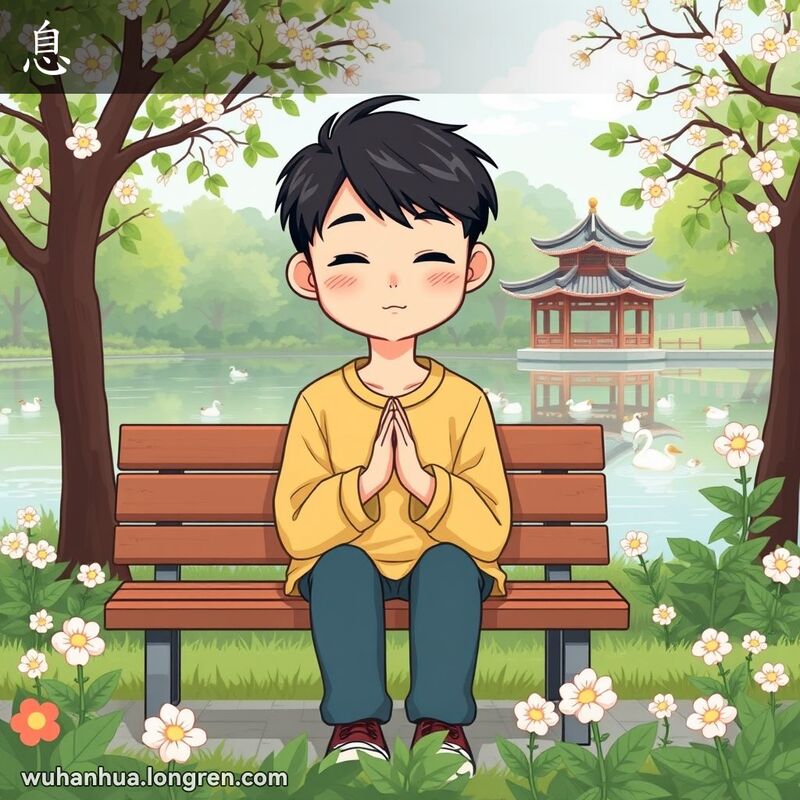 一位年轻的武汉人坐在公园长椅上，深呼吸以控制情绪，背景是宁静的湖泊和中式亭子